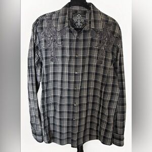 Roar Men’s Black Plaid Button Up Shirt Embroidered Size XL